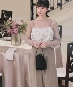 パンツドレス オールインワン セット 花柄 ジャガード 結婚式 美品 シアー