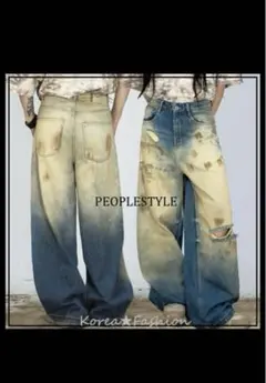 PEOPLESTYLE ダメージ加工 レトロ ワイド デニム denim ブルー - メルカリ