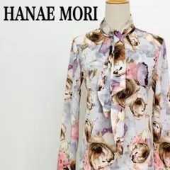 美品【ハナエモリ】 花柄ボウタイ長袖ブラウス 38 日本製 総柄 