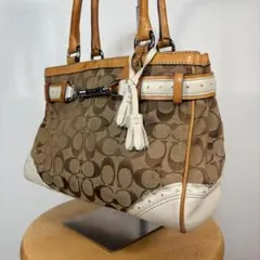 コーチ シグネチャー柄 ワンショルダー トートバッグ デニム レザー