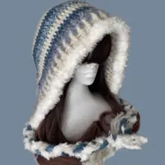 バラクラバ ブルーアイボリー白 ファー付きハンドメイド編み物帽子フード帽ふわふわ