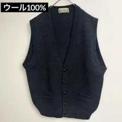 【個性派古着】ニットベスト Lサイズ ダークネイビー　くるみボタン　ウール　L