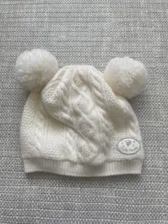 ホワイト ケーブル編み ポンポン付きニット帽子