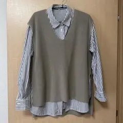 ストライプシャツ　ベージュニット　セット売り