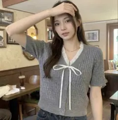 【完売品】DAZY フリル襟 リボン ケーブルニット サマーニット　半袖　グレー