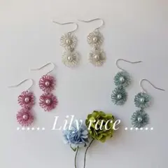 にしきいと桃色　タティングレース お花の春色ピアス　２輪ver'