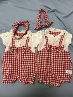 赤と白のチェック柄ロンパースセット 半袖