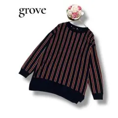 grove グローブ　レディース　長袖ニット　セーター　ストライプ　ネイビー　M