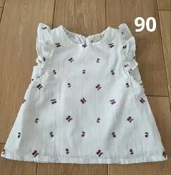 90 petit main チェリー柄フリル付きホワイトシャツ