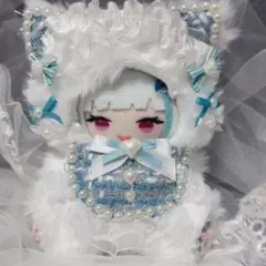 10cm ぬいぐるみ　ぬい服　ハンドメイド　ねこ　おすわり　ホワイト　みずいろ