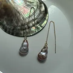 天然淡水パールピアス　バロック　ひょうたん形　天然色　14KGF ハンドメイド