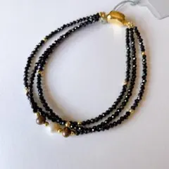 ブラックスピネル　淡水パール3連ブレスレット
