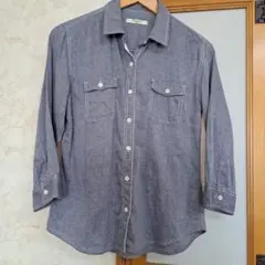 グレー ボタンアップシャツ 七分袖　コットンリネン混　Right-on