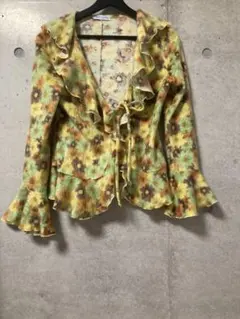 極美品 ロベルトカヴァリ シルク フリルブラウス 花柄 緑 L相当 B2345 極美品 ロベルトカヴァリ シルク フリルブラウス 花柄 緑 L相当 B2345