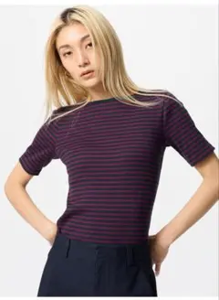 【試着のみ】UNIQLO ネイビー/レッドストライプ 半袖Tシャツ M