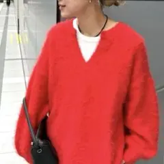 feepur 【ハンドウォッシャブル】ウール混起毛キーネックニット レッド M