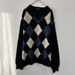 シップス アーガイル柄 ウールVネックニット 黒 L ユニセックス　クラシック