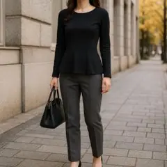 『Theory』セオリー　ペプラムカットソー　長袖　ウール100%　黒(S)