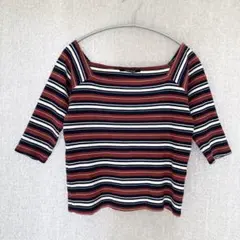 美品✦one way コットンリブニット F 赤ネイビーボーダー ショート丈