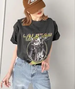 新品タグ付☆綿100％ヴィンテージライクピグメントキャットプリントビッグTシャツのサムネイル