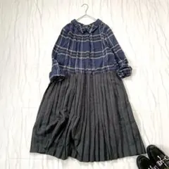 異素材切替長袖チェックシャツワンピース プリーツスカート 綿混 ミディアム丈 L