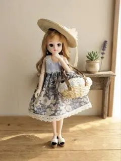 22cmドール服 ドッキングワンピース×さくらんぼ麻バッグ♡コーデ2点セット 22cmドール服 さくらんぼ柄ワンピース×麦わら帽子♡コーデ2点セット
