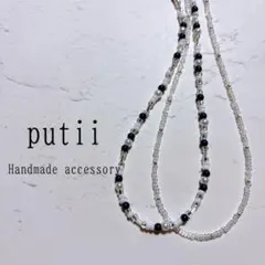 ビーズネックレス ネイビー ホワイト クリア シルバー パールネックレス