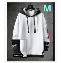 メンズ フード付き カジュアルパーカー M サイズ 白 プルオーバー ストリート