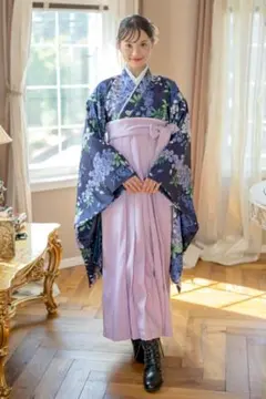 キャサリンコテージ 150㎝ 袴セット(瑠璃着物×本紫袴NV 髪飾り＆半襦袢