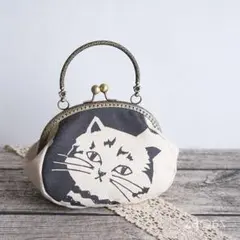 持ち手付きがま口ポーチ*CATS×チャコール