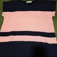 ネイビーとピンクのストライプニットTシャツ