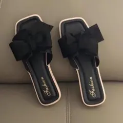 リボン付き黒フラットサンダル サイズ：24cm 週末限定価格！