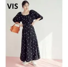 VIS ビス 小花柄刺繍スクエアネックワンピース