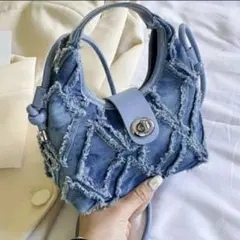 SHEIN デニム バッグ カバン ブルー ショルダー ハンド フリンジ ミニ