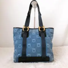 希少✨ フェラガモ トートバッグ デニム キャンバス ガンチーニ レザー 金