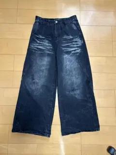 MENES ブラックデニム　ダメージ加工　ワイド　バギー