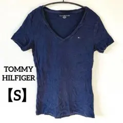 TOMMY HILFIGER Vネック ロゴ刺繍 Tシャツ ネイビー S/P