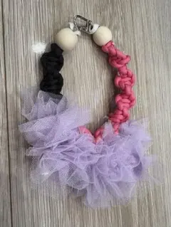 ピンク黒紫チュールフリル携帯ストラップ