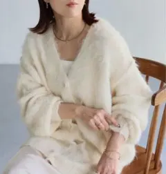 リベリー ウール混 シャギーVネックカーディガン アイボリー Fサイズ