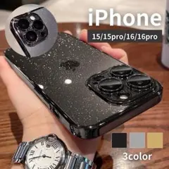 iPhone15PRO ケース メタリック カメラレンズ保護 キラキラ ブラック