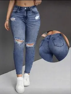 ダメージ加工ミディアムブルースキニーデニム