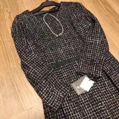 未使用タグ付き☆インタープラネット ☆黒白☆ツイードワンピース　ウエストライン