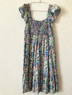 GAP KIDS 花柄フリルノースリーブワンピース スクエアネック 130