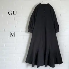 GU ブラック シャツワンピース 七分袖 ロングワンピース フレア裾 かわいいM