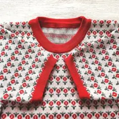 レトロ花柄　半袖ニット　赤　ピンク　グリーン　S～M