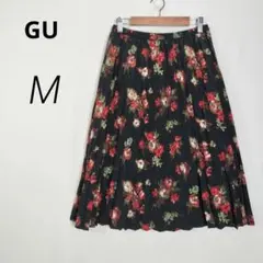 フラワープリント✨GU ひざ丈プリーツスカート 黒 ウエストゴム【M】c7107