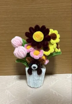 ハンドメイド モールフラワー くま付き花かごひまわりチューリップ枯れない花ギフトのサムネイル