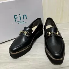 未使用級　Fin 23.5cm スクエアトゥ 厚底 ビットローファー 低反発 黒のサムネイル