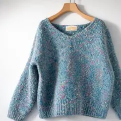 モヘア混 ネップ入 起毛ニット ブルーグリーン ゆったり短丈 個性派古着