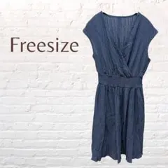 フリーサイズ ネイビー ワンピース 古着 無地 Vネック おしゃれ